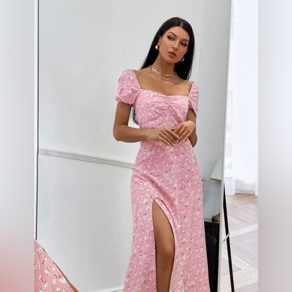 SHEIN VCAY Ditsy Floral Print Split Hem Dress - Picture 1 of 5